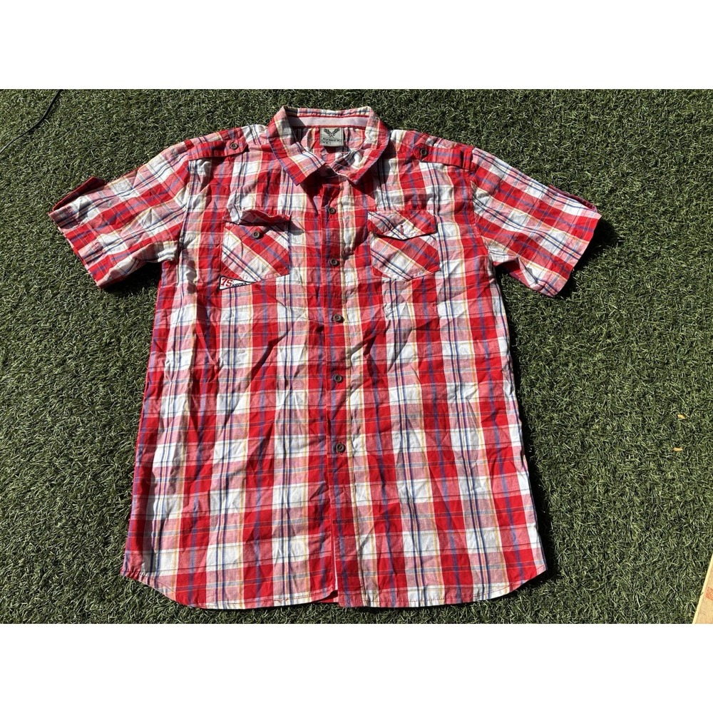 Avirex Aviator Shirt Kids XL Red Plaid Pocket Button Up S/S Embroidered